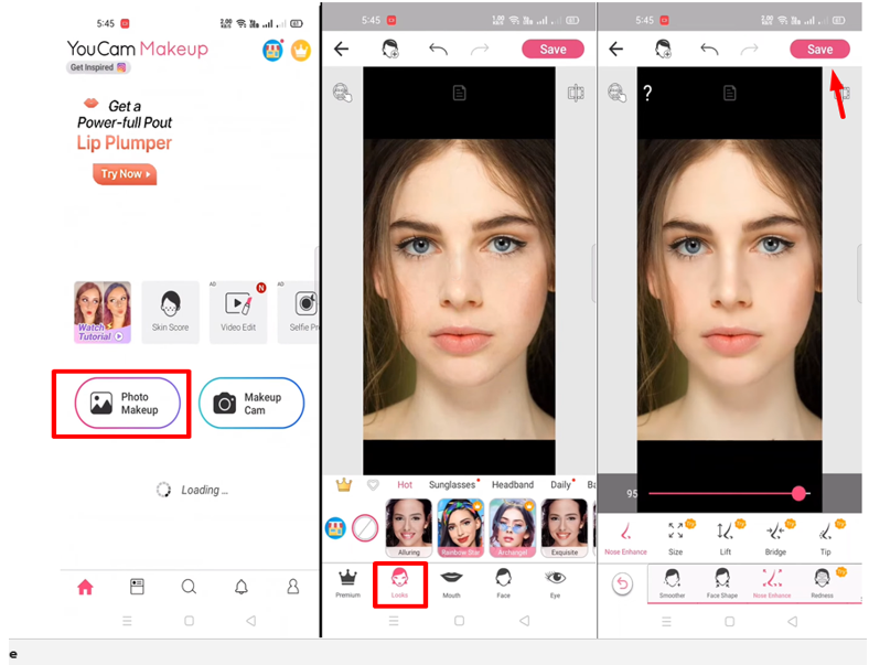 Interface of YouCam - a standard mobile app to apply make-up filters