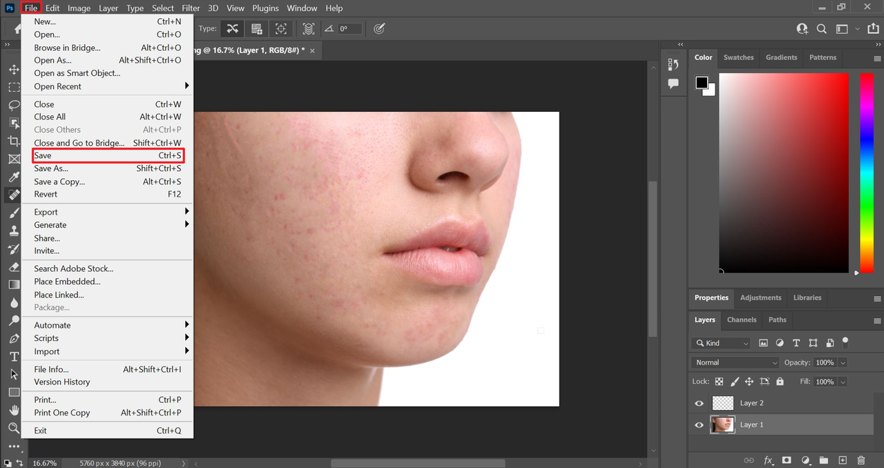 Save your photo after using the spot healing brush tool (photoshop blemish removal) tool