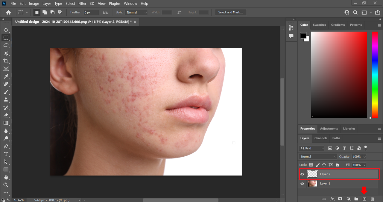 Add a new layer to use photoshop pimple removal tool