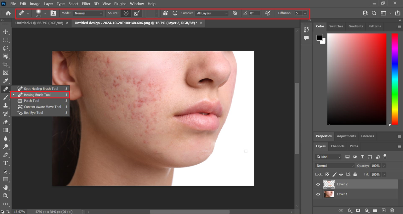 Photoshop remove pimples using the healing brush tool