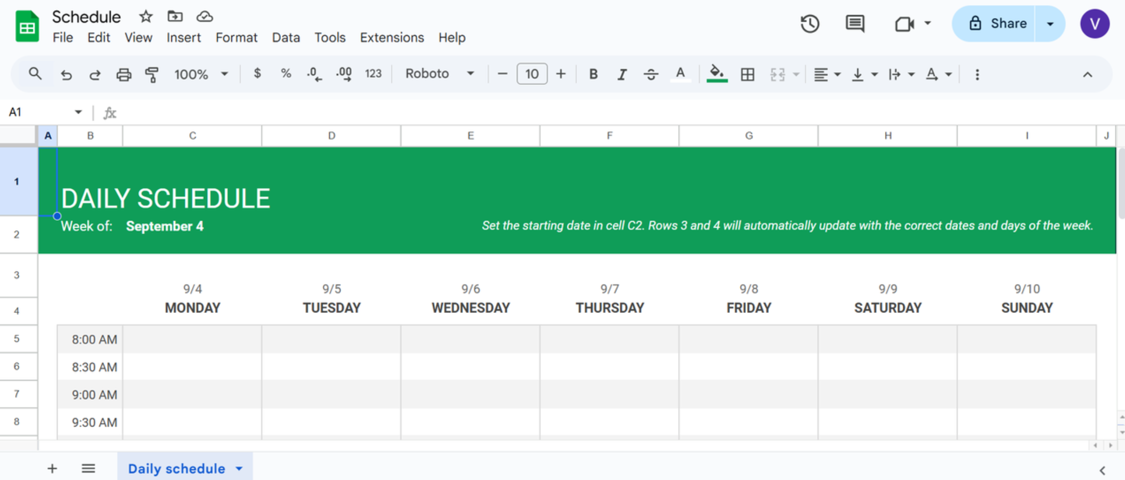 Google sheets daily schedule template