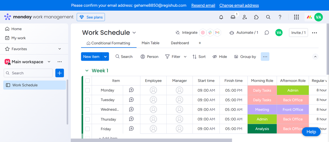 Monday.com work schedule sample