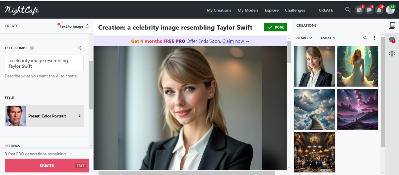 Generate an AI celebrity image at NightCafe