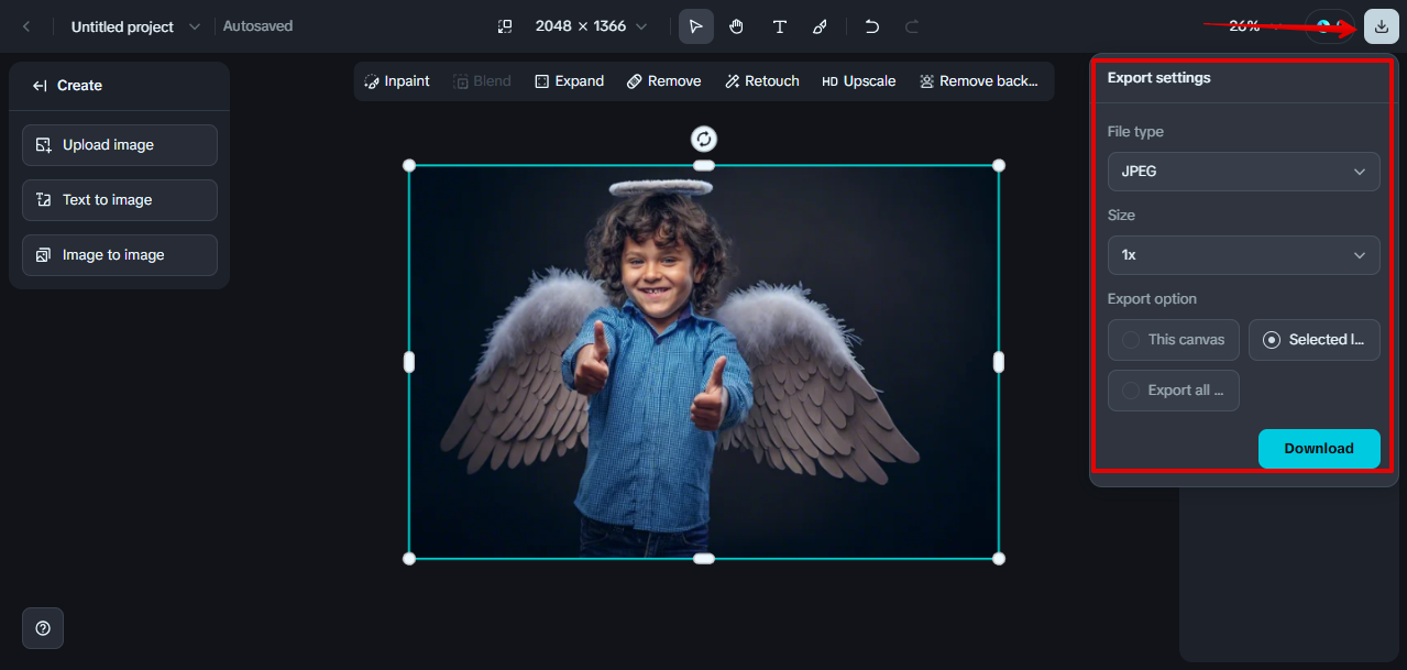 exporting image with wings from Dreamina