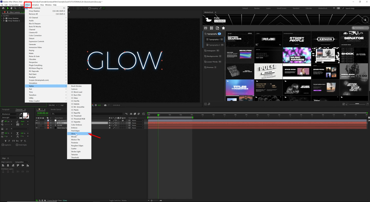 Applying the glow effect to the text in After Effects