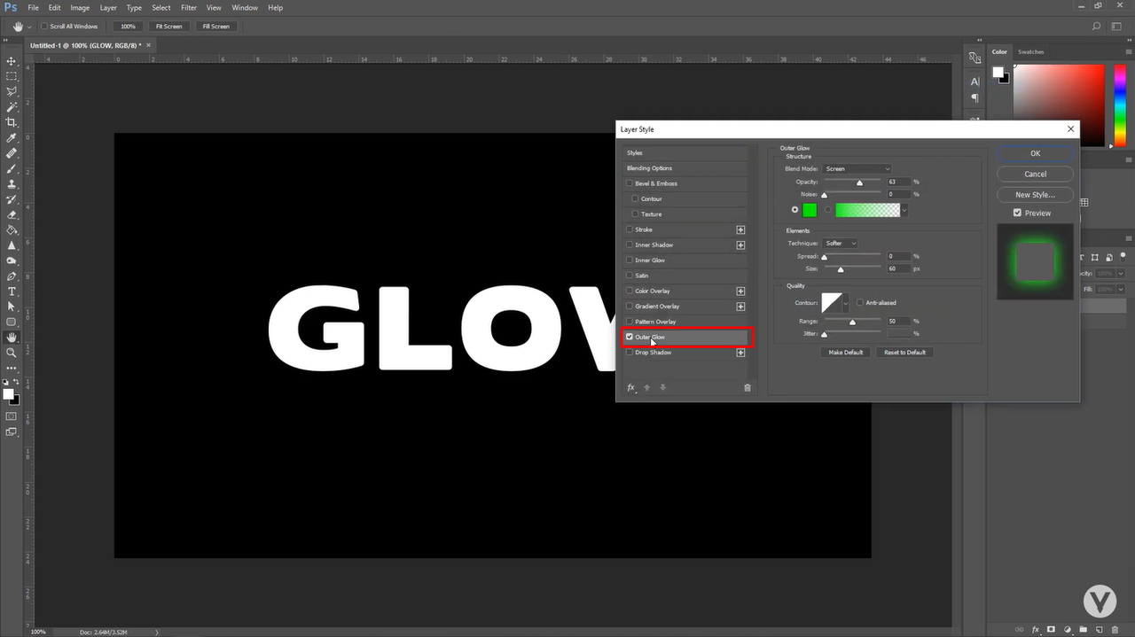 Accessing layer style settings for outer glow in Photoshop