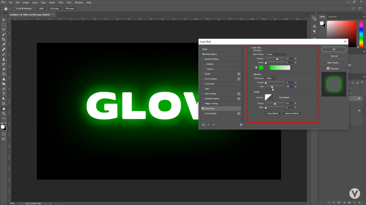 Customizing the settings for the glow text effect in Photoshop