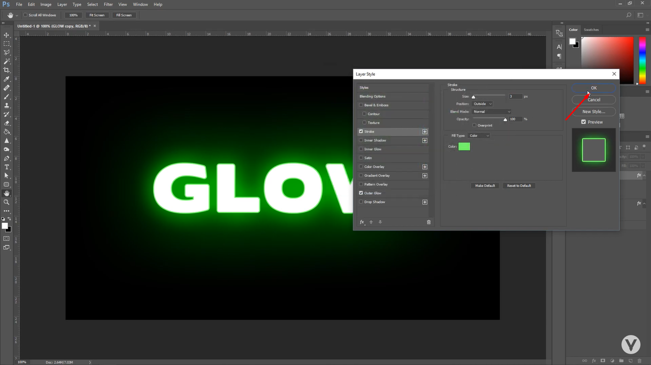 Applying and saving glowing text in Photoshop