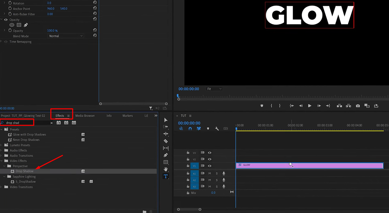 Using drop shadow to add a glowing effect to text in Premiere Pro