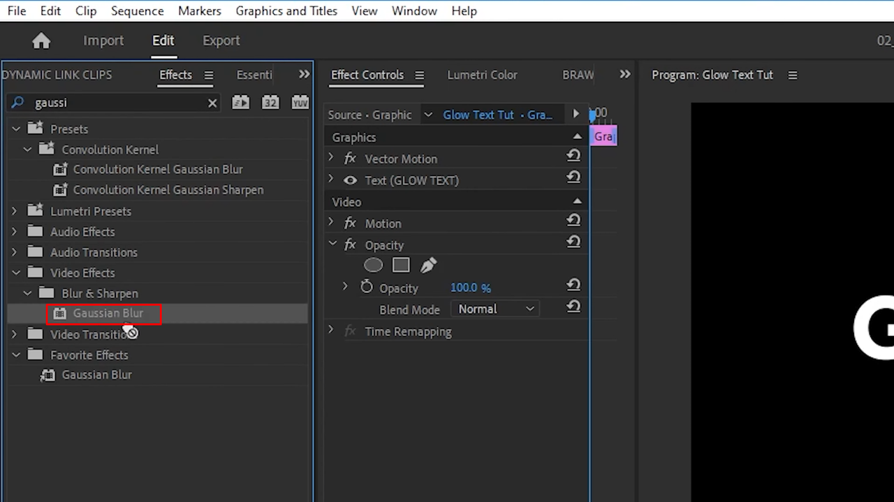 Applying the Gaussian blur effect to create glowing text in Premiere Pro