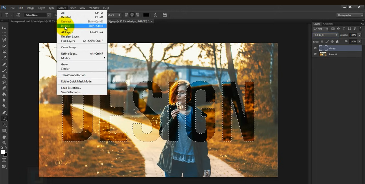 Showing how to make transparent text in Photoshop