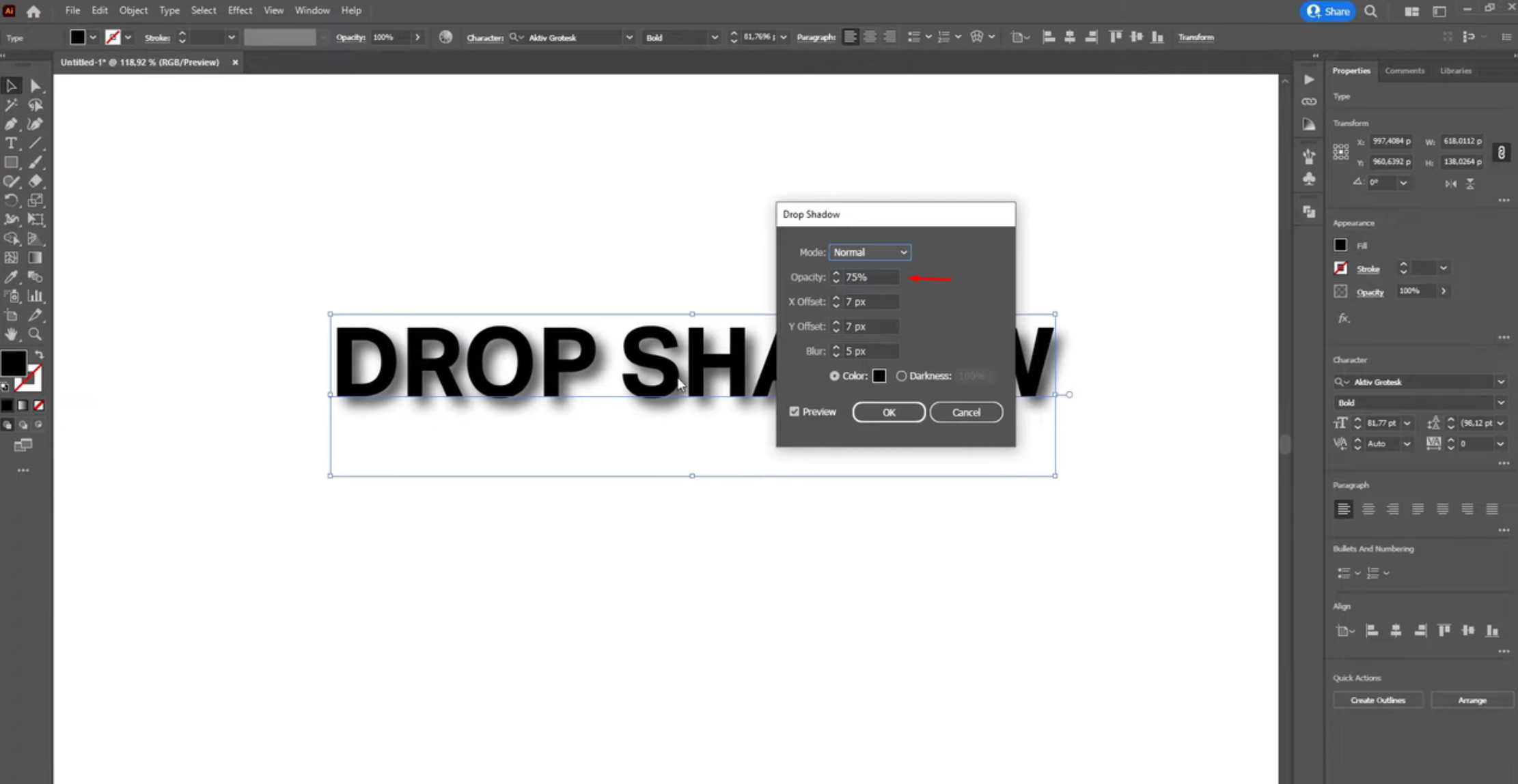 Adjusting the text shadow effect in Illustrator