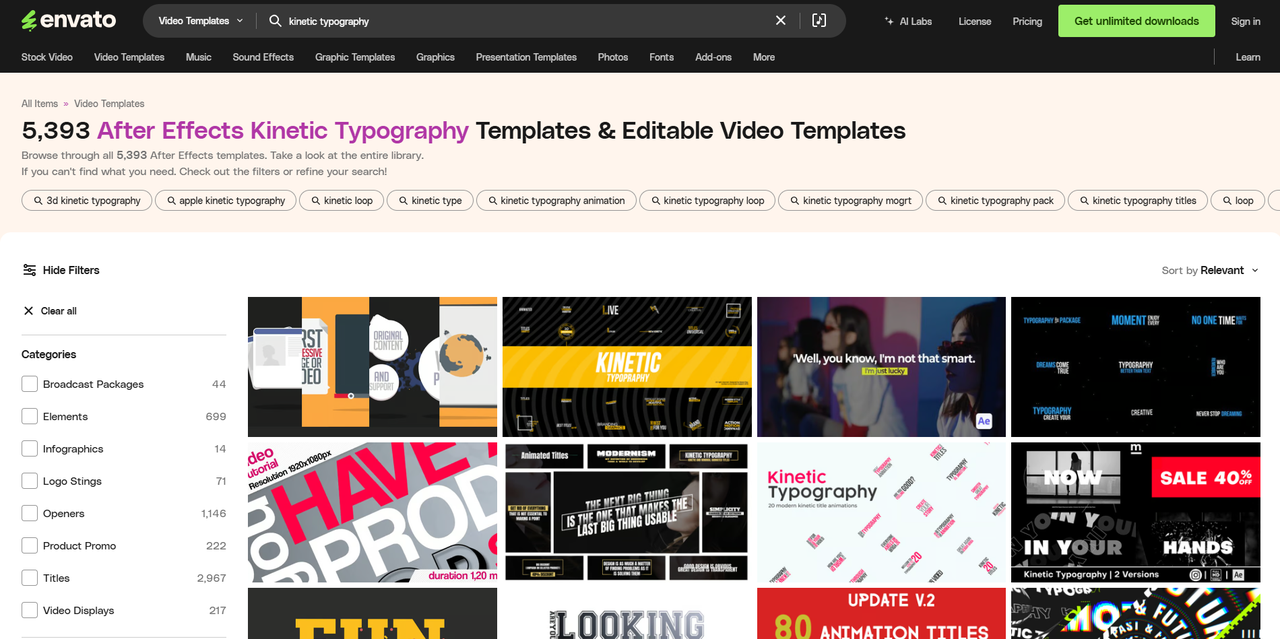 Interface of Envato - another way to download free kinetic typography templates for After Effects
