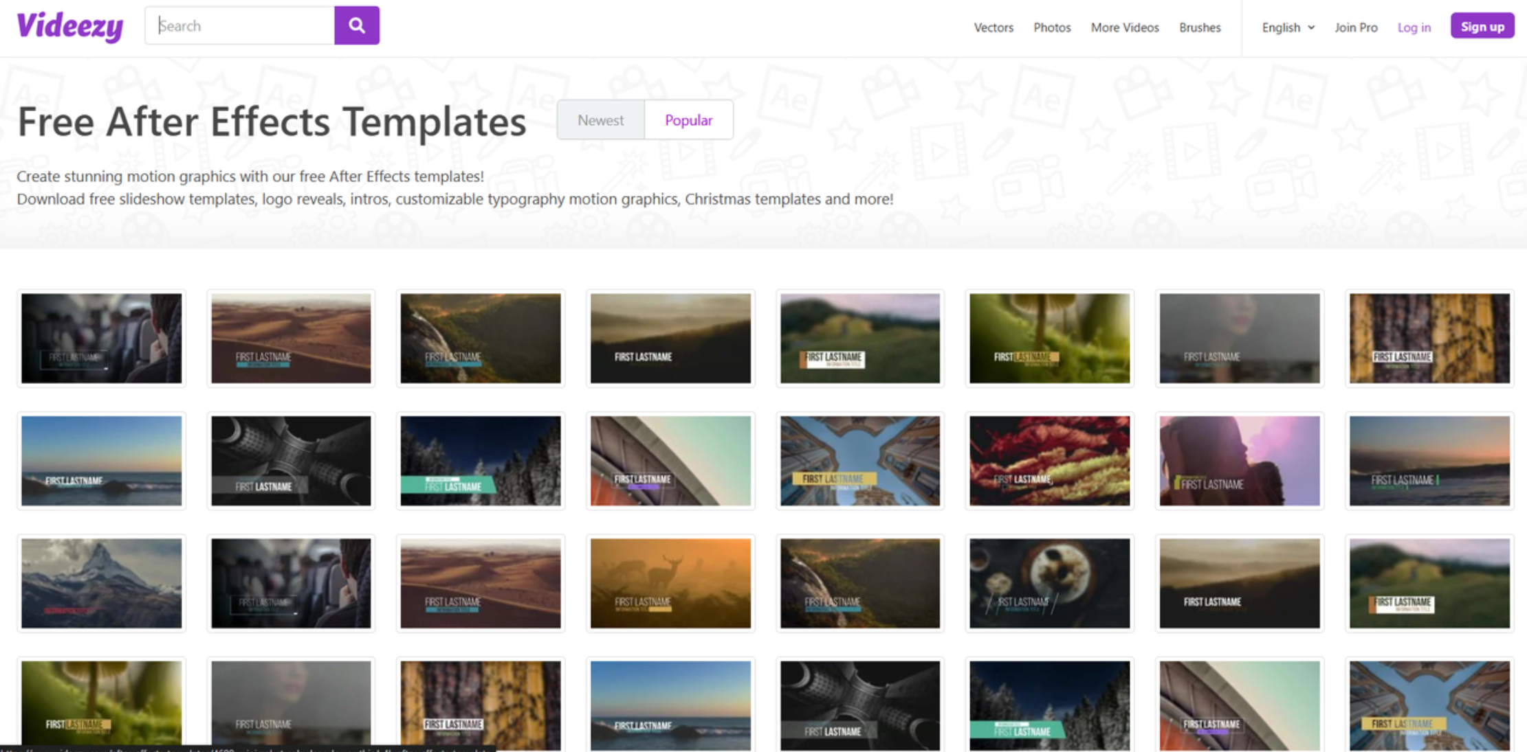 Interface of Videezy - the perfect place to find free kinetic After Effects templates