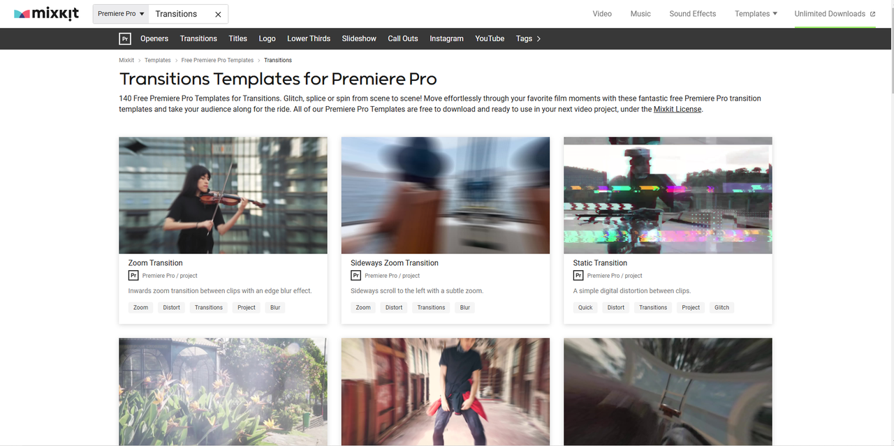 Interface of Mixkit - the perfect site to download free text transitions for Premiere Pro