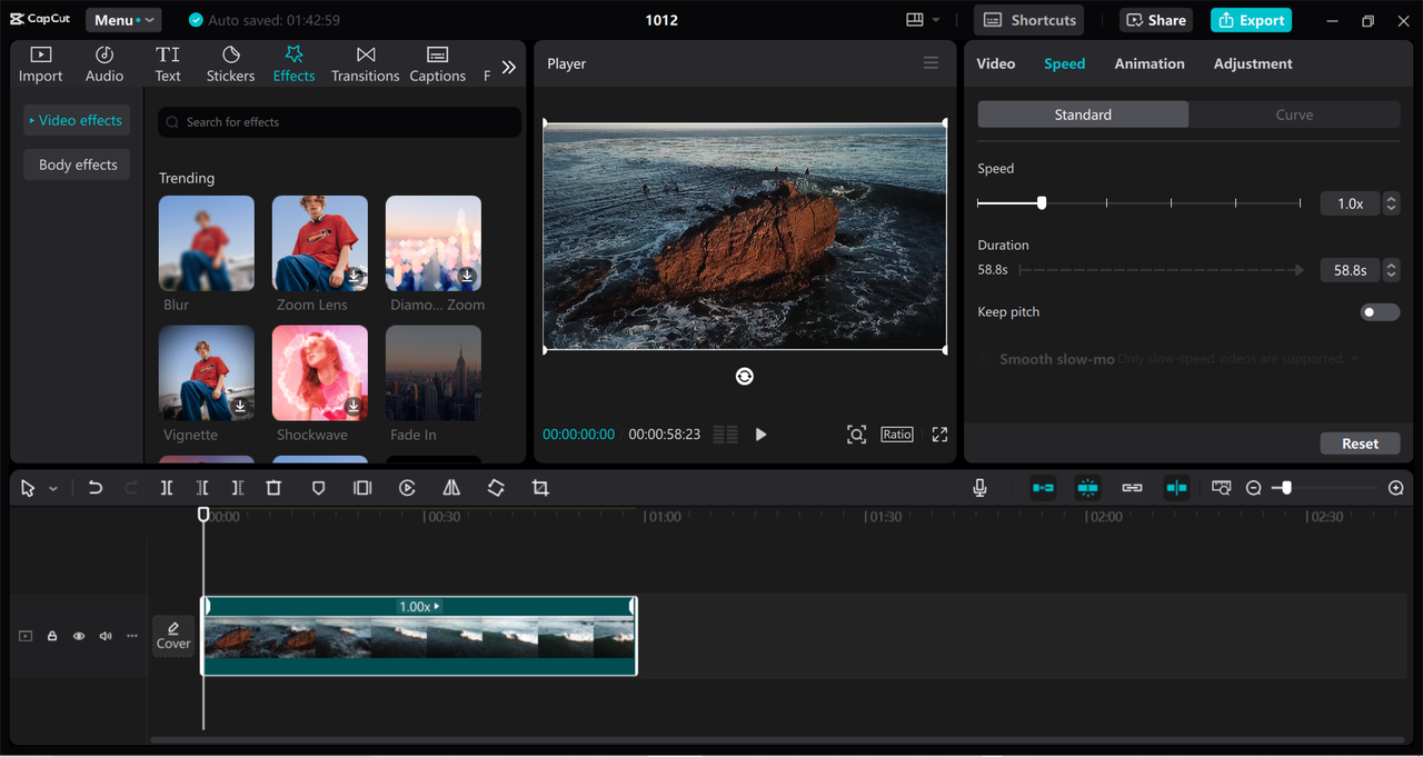 Interface of the CapCut desktop video editor - an easy way to add transitions to text in videos