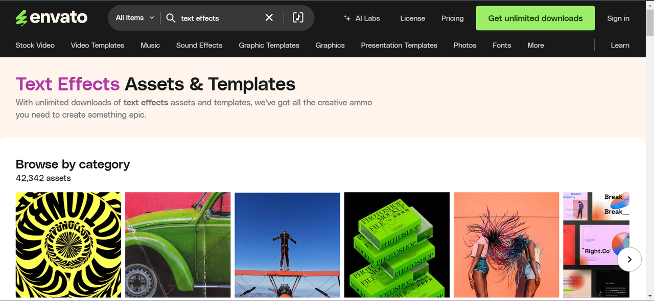 Interface of Envato - a well-known platform to download cool text effects for Premiere Pro