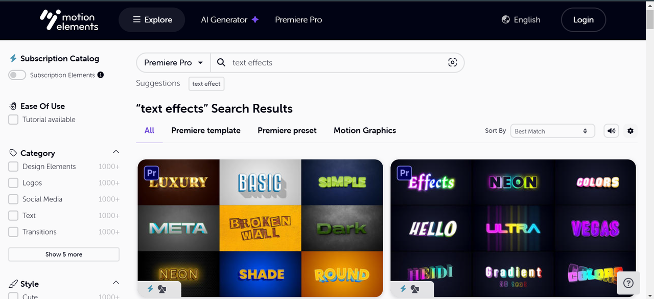  Interface of MotionElements - a standard platform to get Premiere Pro text effects for free