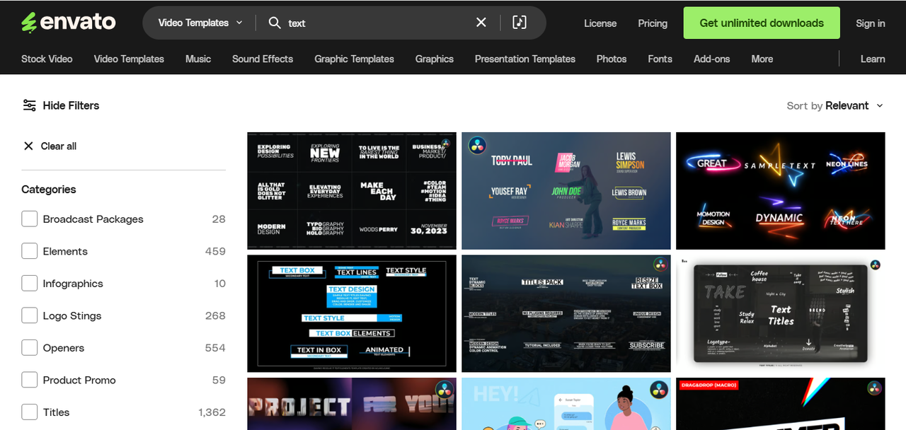 Interface of Envato - a popular platform to find Davinci Resolve 18 text effects