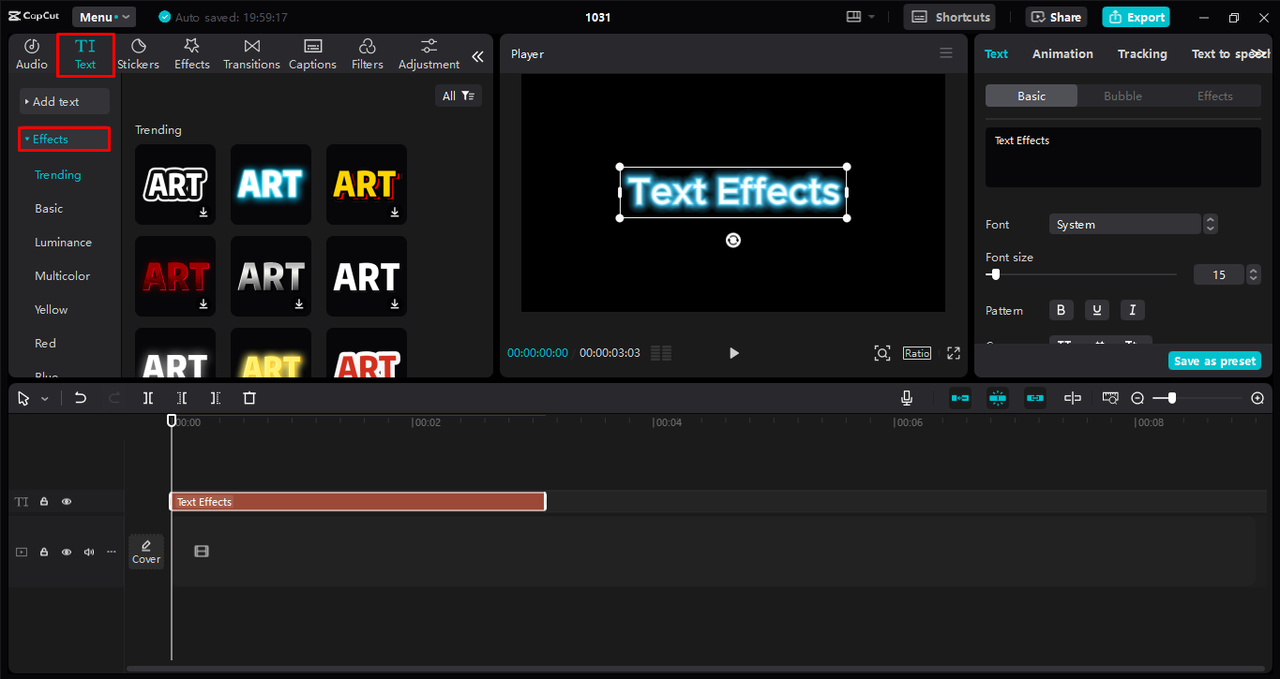 Interface of the CapCut desktop video editor - a perfect tool for using creative text effects in videos