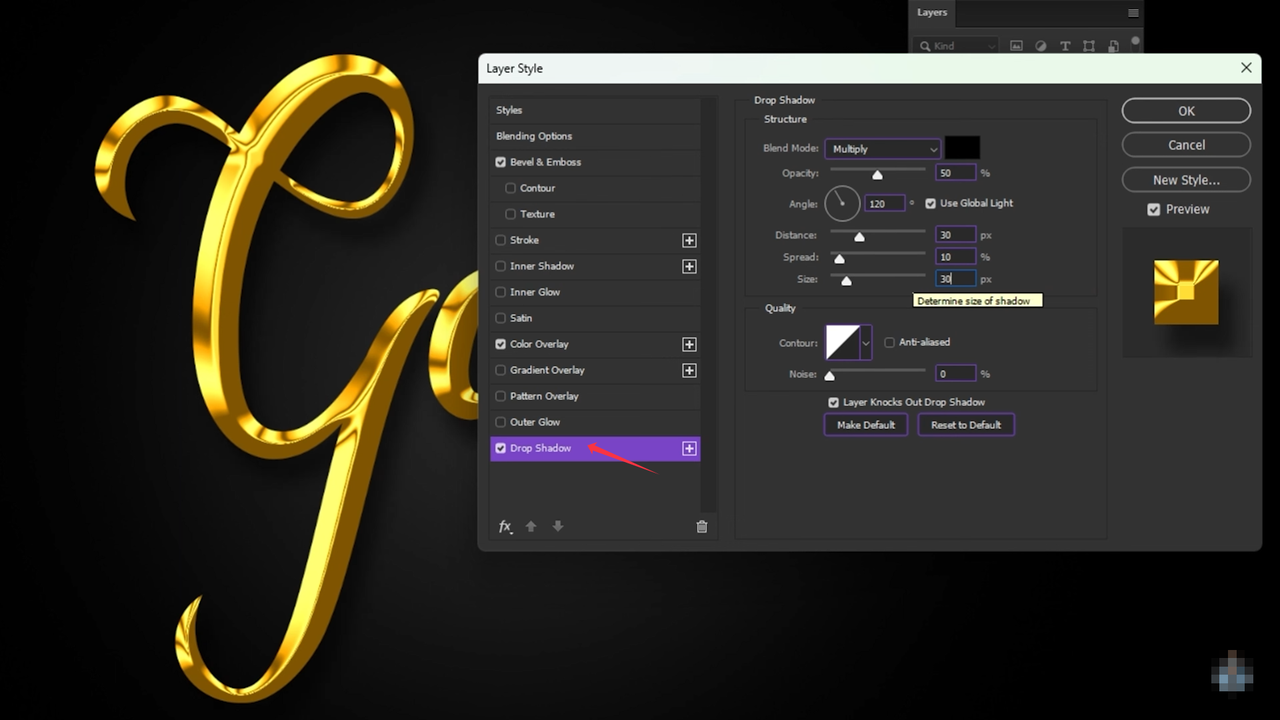 Enhancing gold font in Photoshop with drop shadow effect