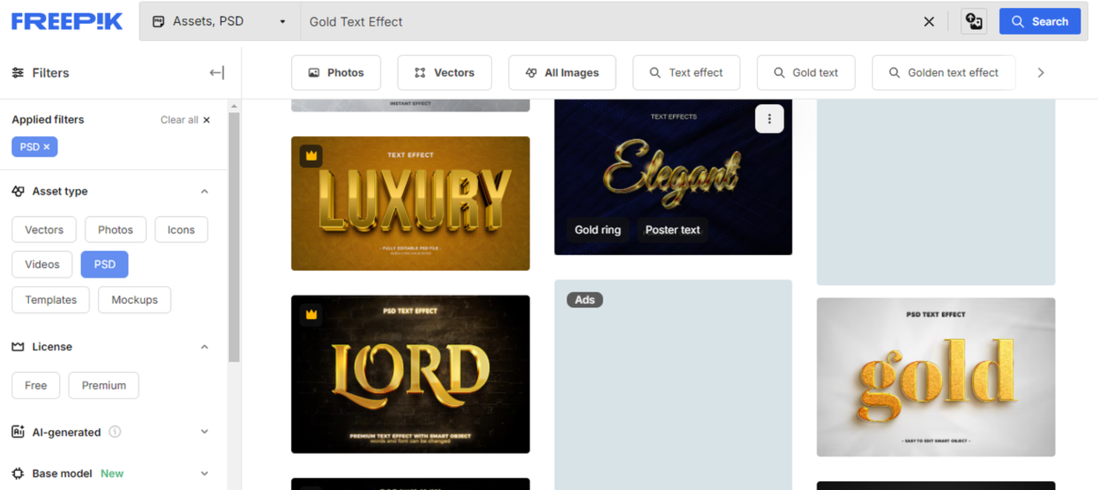 Interface of Freepik – a go-to resource for downloading free gold text styles for Photoshop