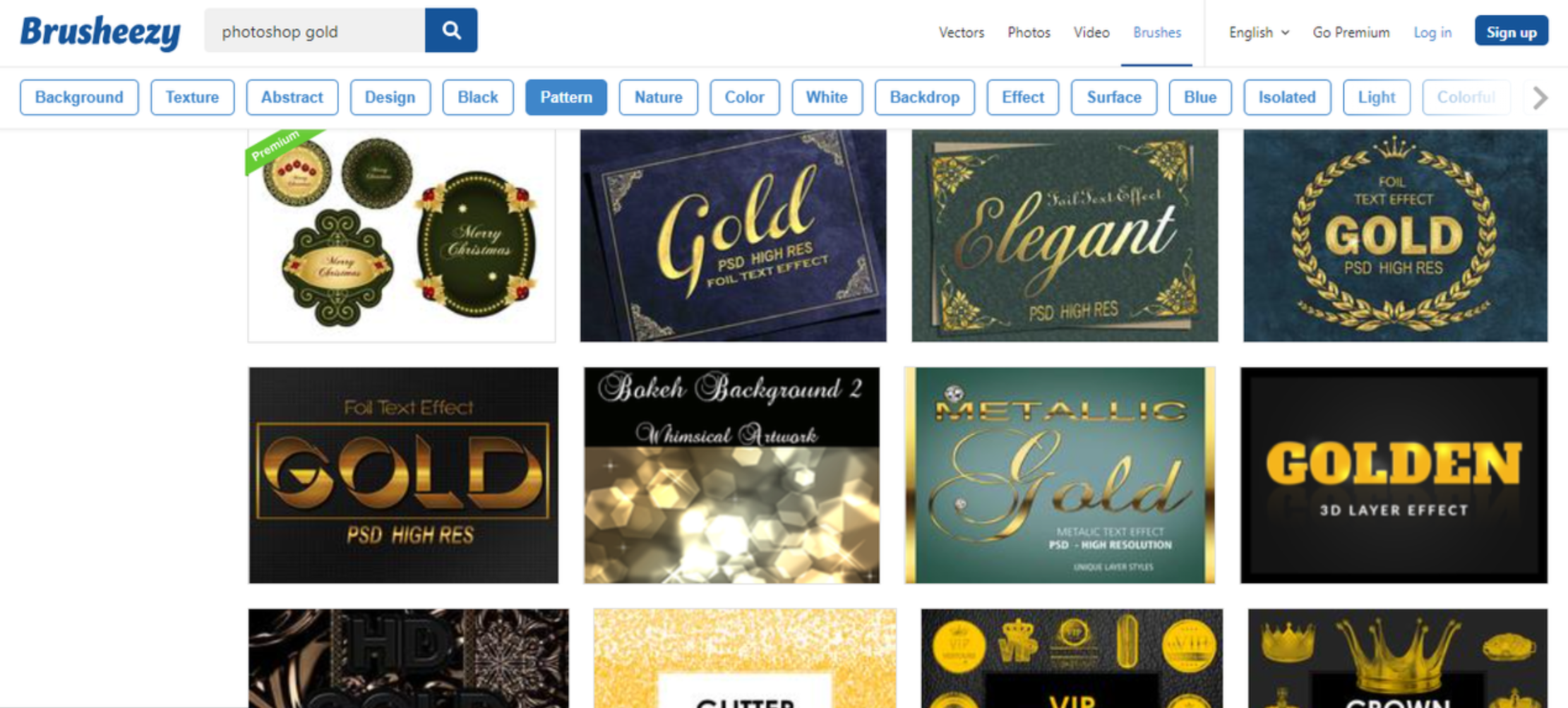 Interface of Brusheezy - a well-known platform for free gold styles for Photoshop