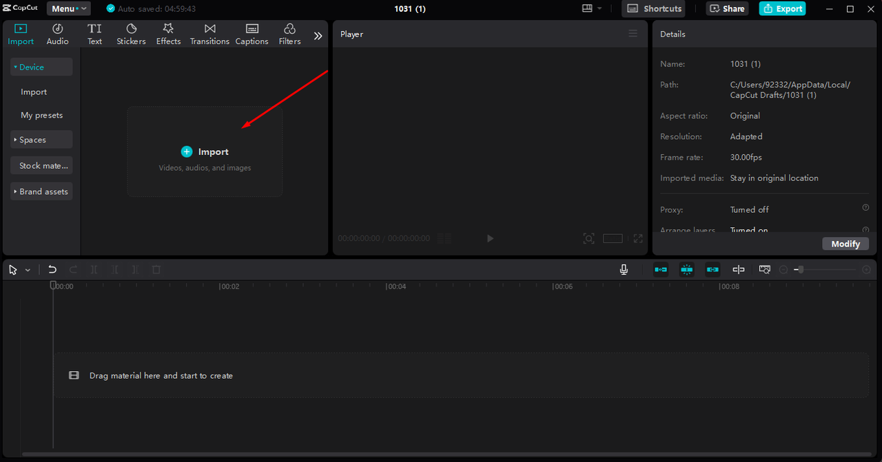 Uploading media in the CapCut desktop video editor