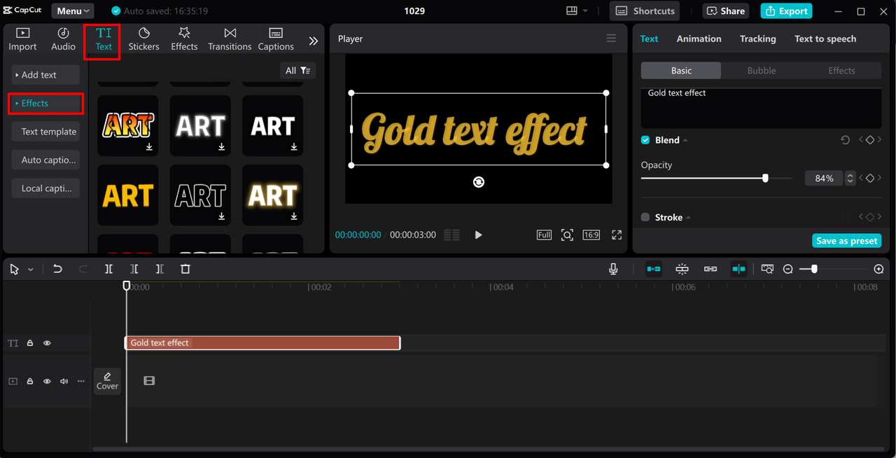 Applying gold text effect in the CapCut desktop video editor