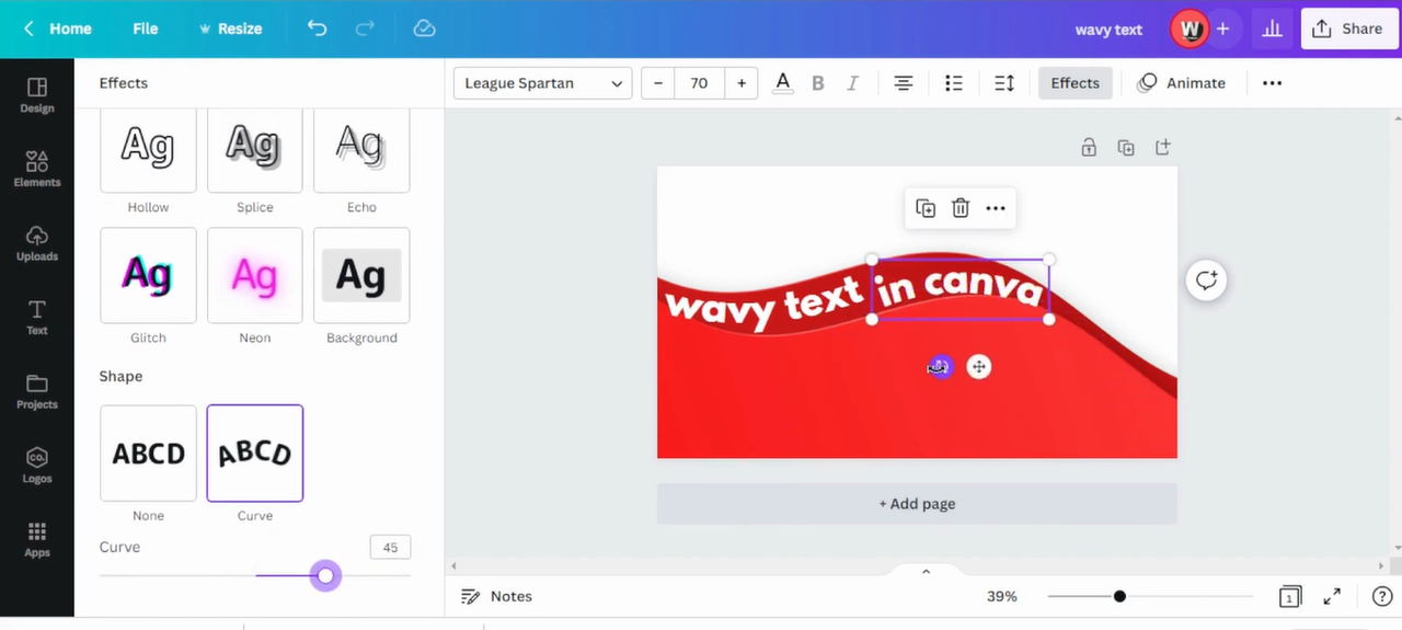 Interface of Canva showing how to create wavy font in Canva by layering with wavy shapes