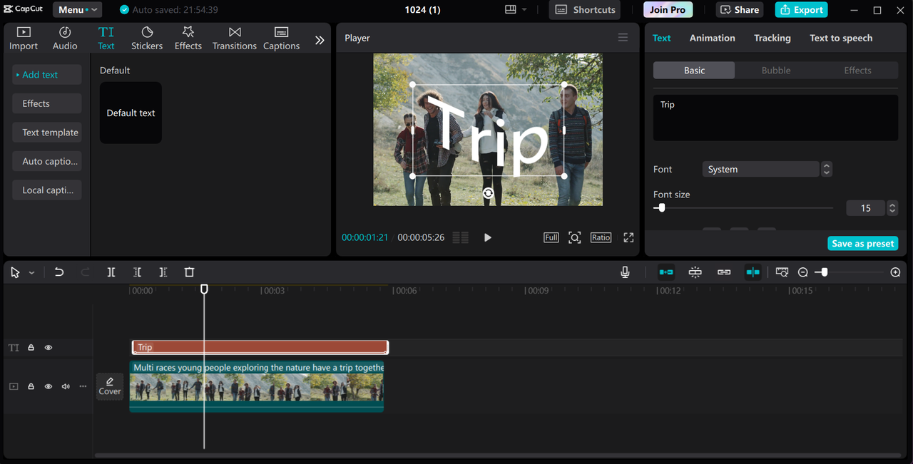 Editing interface of CapCut desktop video editor - a fantastic tool for making wavy texts for videos