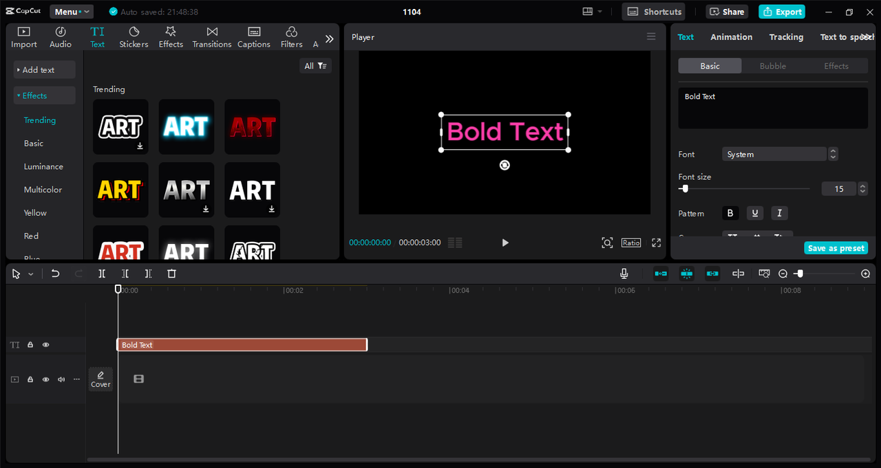 Editing interface of the CapCut desktop video editor - a perfect tool to make your text bold