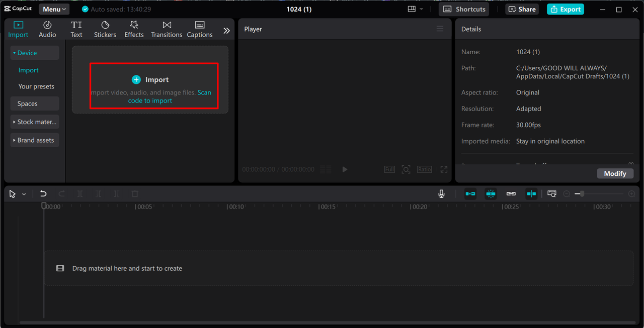 Importing video in the CapCut desktop video editor