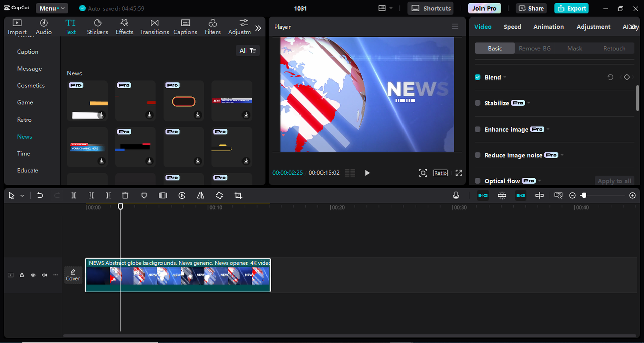 Interface of the Capcut desktop video editor - the best tool to get headline news fonts 