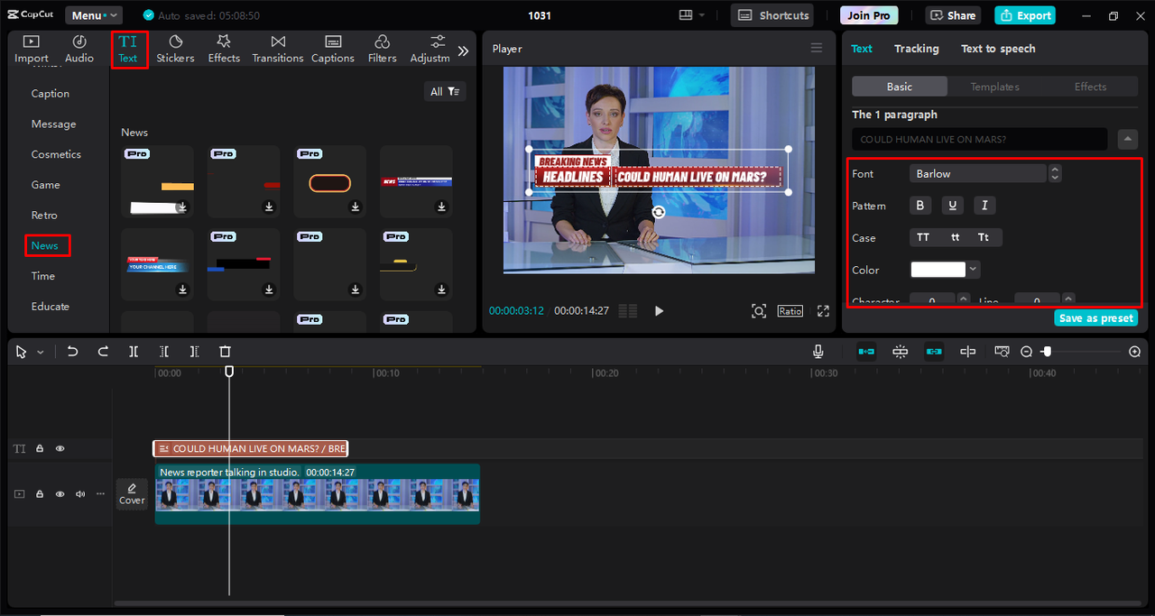 Adding the news text effect and customizing it in the Capcut desktop video editor 