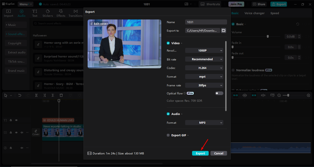 Exporting the video after adding news text effect in the CapCut desktop video editor