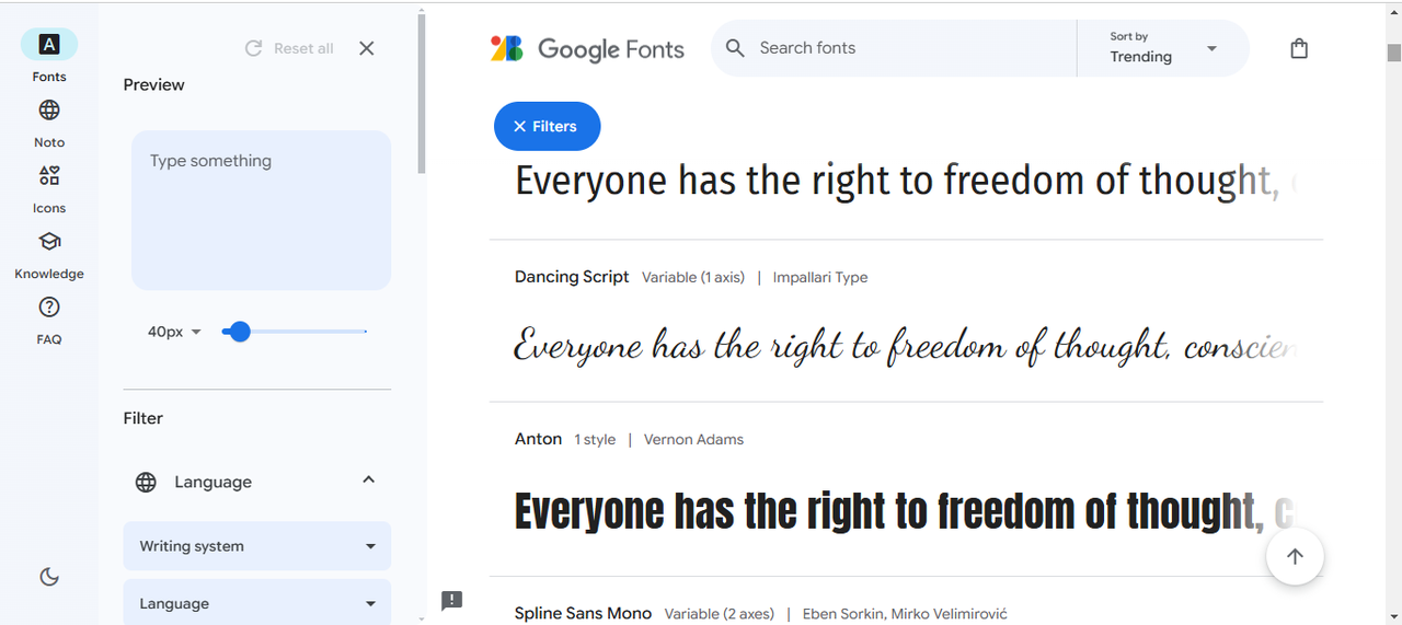 Interface of Google Fonts - the free source to find daily news fonts