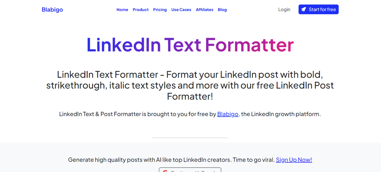 Interface of Blabigo - a handy tool for bold text in LinkedIn posts