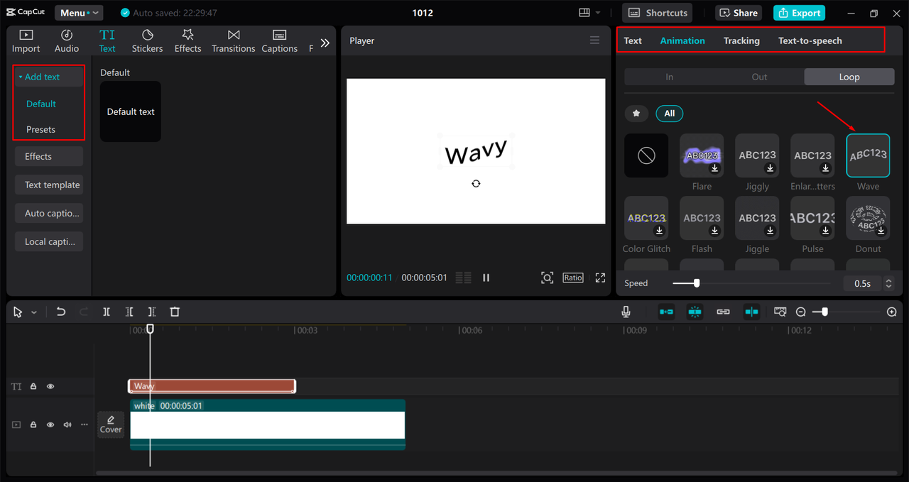 Applying a wave animation to text in the CapCut desktop video editor