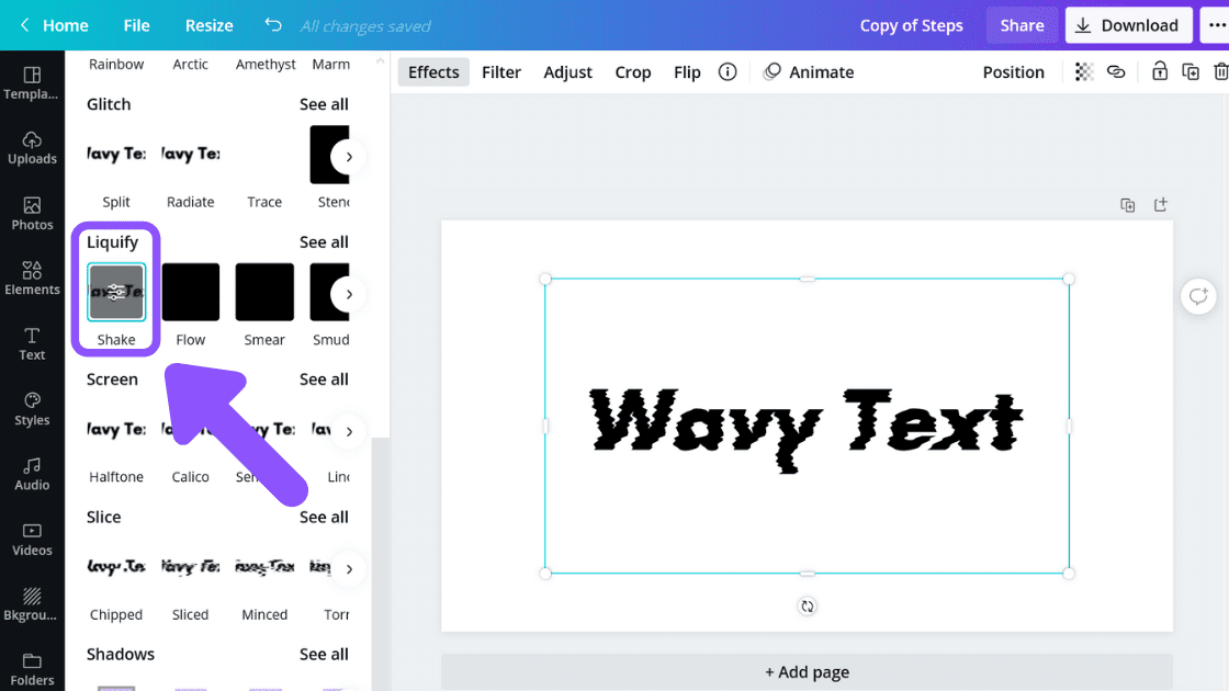 Interface of Canva - a free wavy text font generator