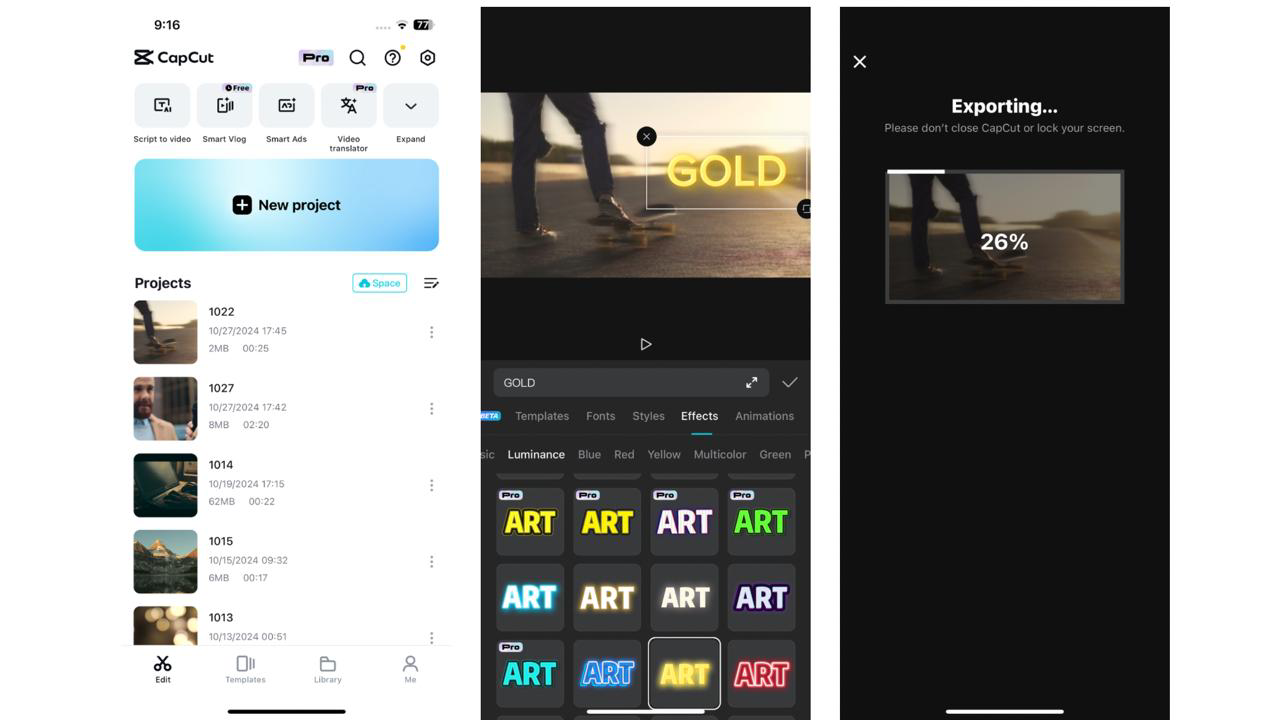 Interface of the CapCut mobile app - a simple gold font generator for mobile