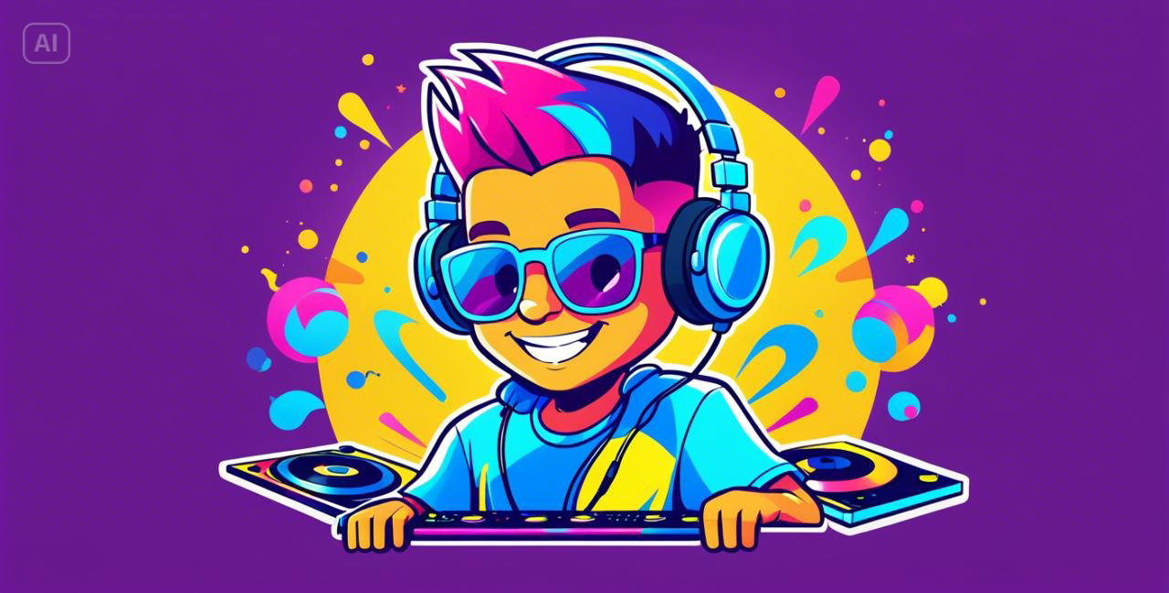 Playful cartoon-style DJ logo