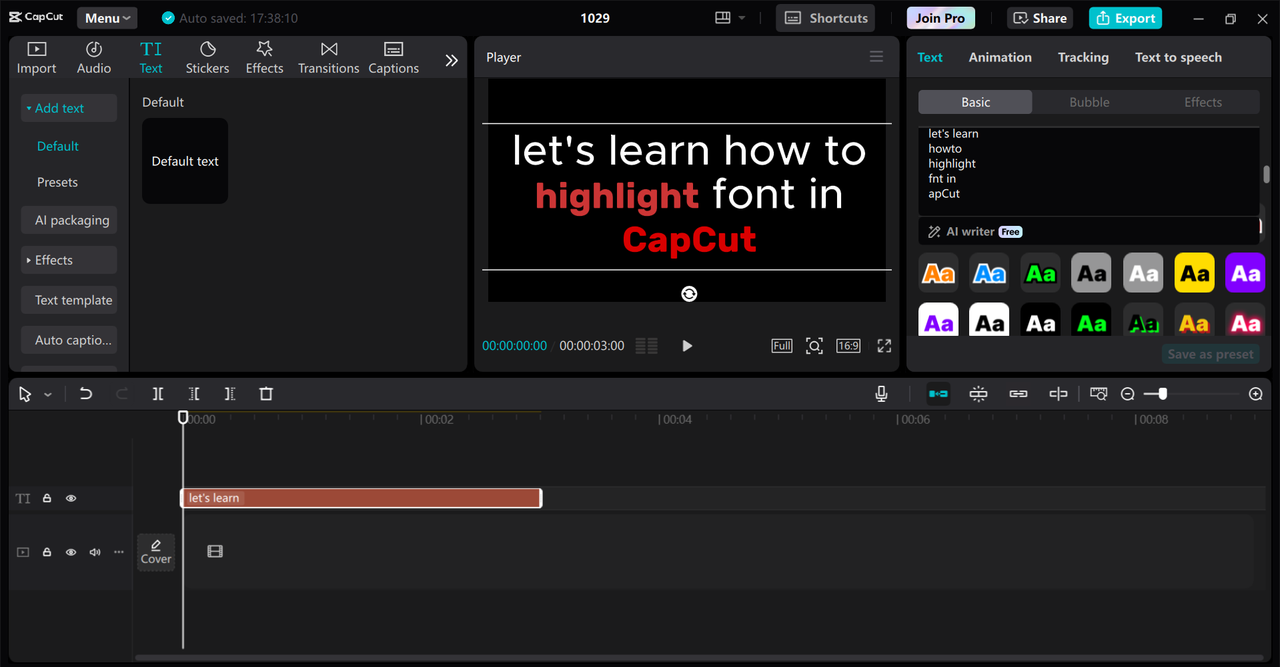 Interface of CapCut desktop video editor - a perfect tool to create font highlights for Instagram videos 