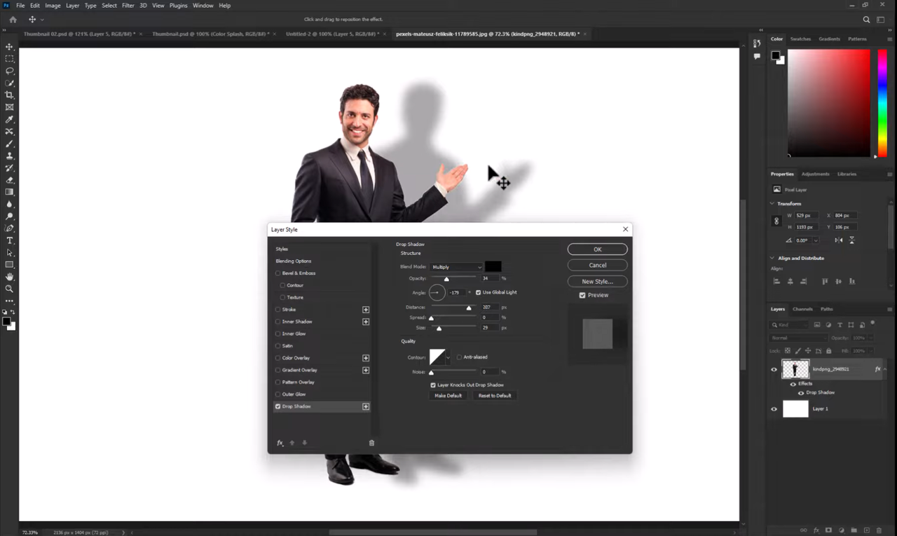 Adding and adjusting drop shadow settings in Photoshop