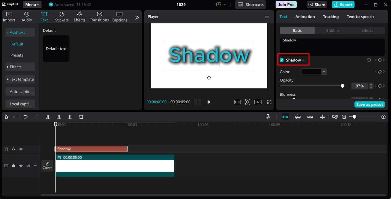 Adding shadow to text in the CapCut desktop video editor