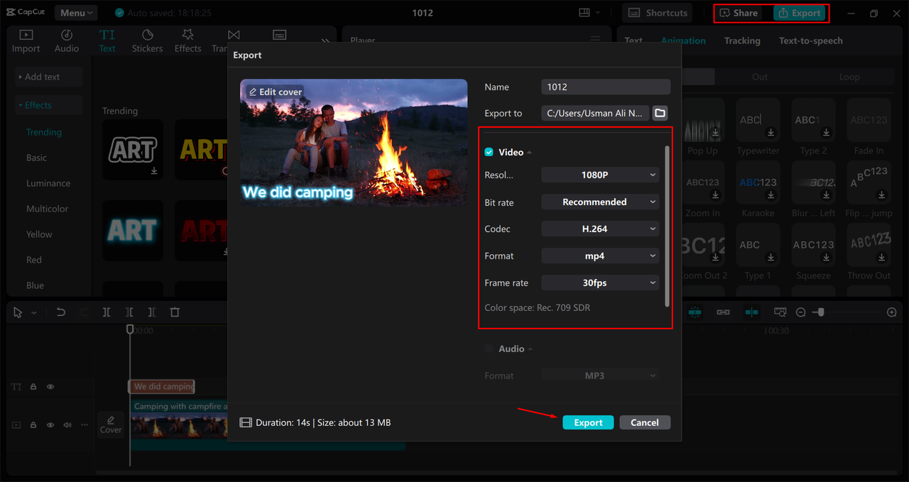 Exporting a video from the CapCut desktop video editor