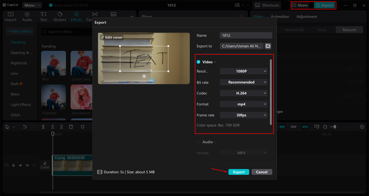 Exporting a video from the CapCut desktop video editor