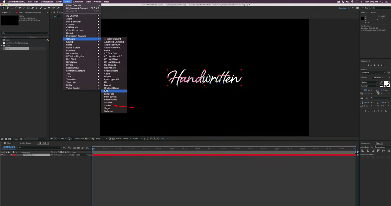 Applying stroke effect for handwritten text in After Effects