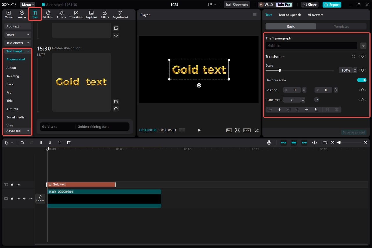 Applying and adjusting the gold text effects in the CapCut desktop video editor