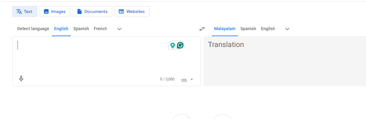 Interface of Google Translate for doing English to Malayalam translation with Google Voice